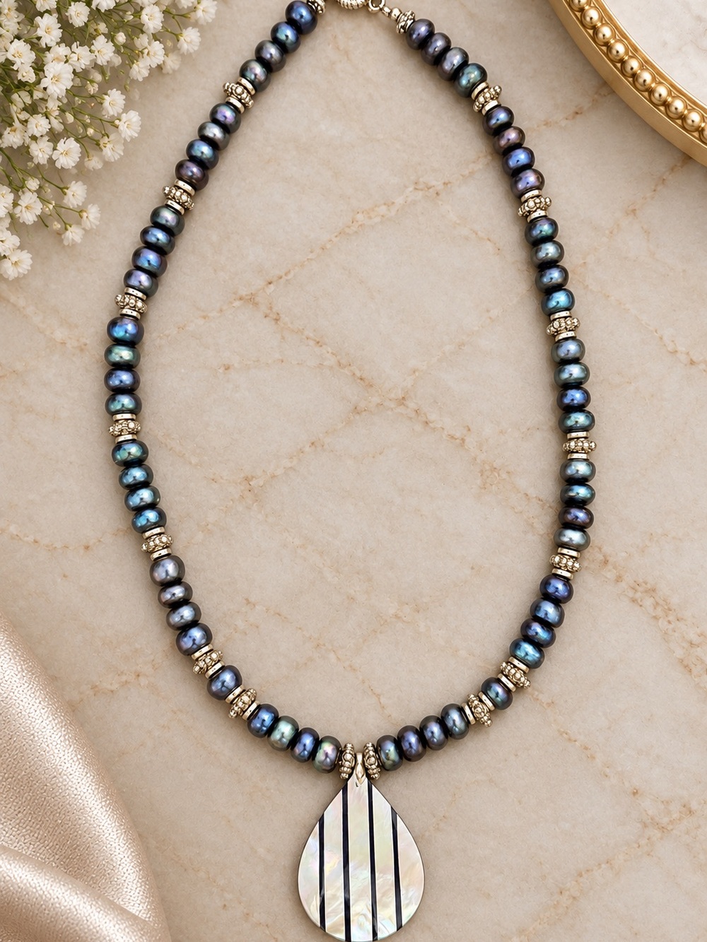 Vintage Lee Sands Style Peacock Pearl Reversible MOP Blue Inlay Necklace 18”